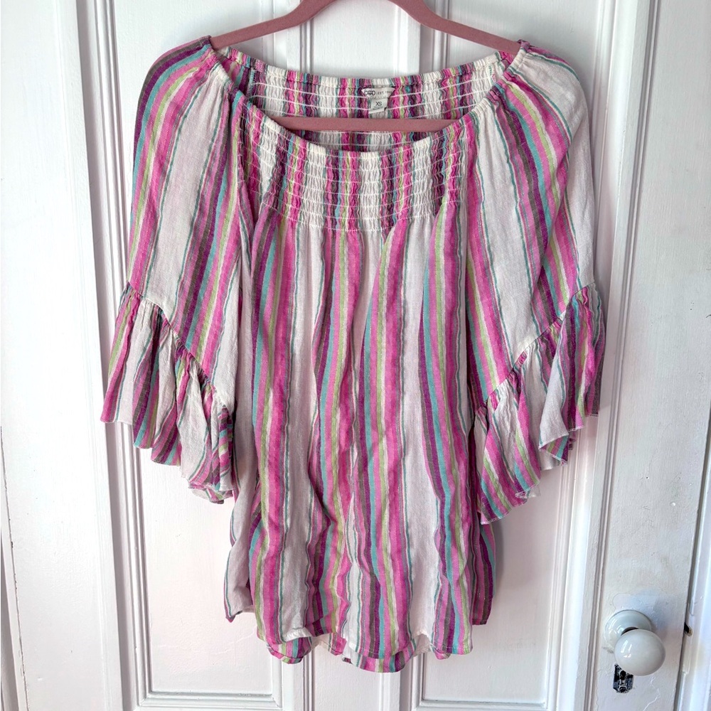 Cato Women’s Linen Blend 3/4 Ruffle Sleeve Striped Shirred Metallic Blouse  XS